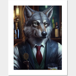 Wild And Classy Barkeeper Wolf In A Suit - Unique Wildlife Art Print For Fashion Lovers Posters and Art